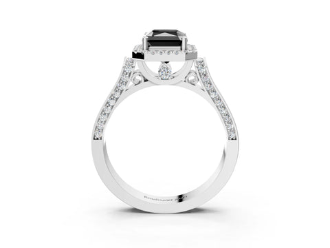 White gold Fancy Black Radiant Cut Halo Round Diamond Twist Band with Four-Prong Setting_27