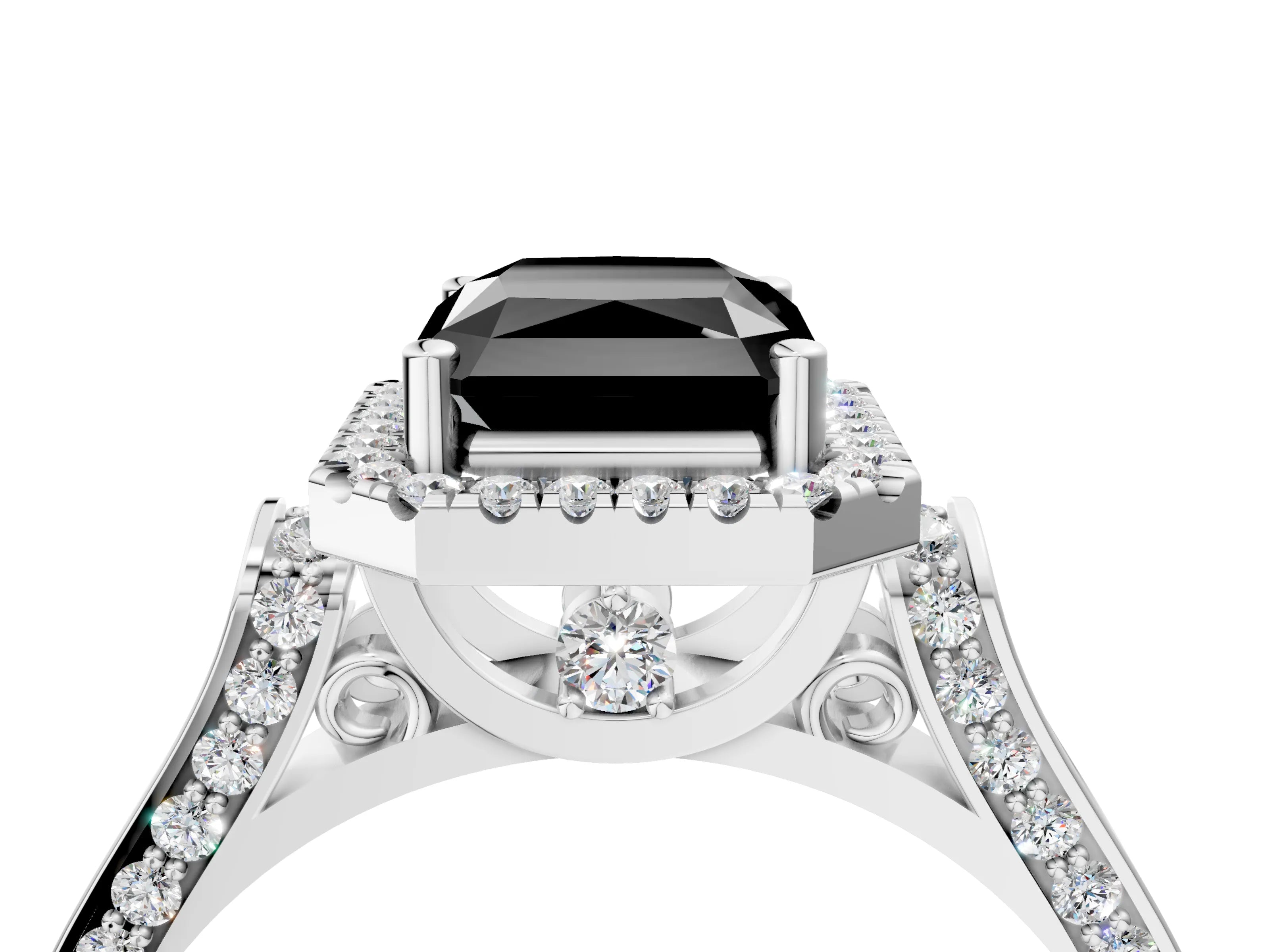 White gold Fancy Black Radiant Cut Halo Round Diamond Twist Band with Four-Prong Setting_28