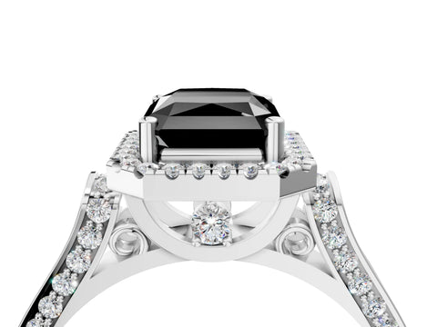 White gold Fancy Black Radiant Cut Halo Round Diamond Twist Band with Four-Prong Setting_28