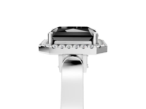 White gold Fancy Black Radiant Cut Halo Round Diamond Twist Band with Four-Prong Setting_29