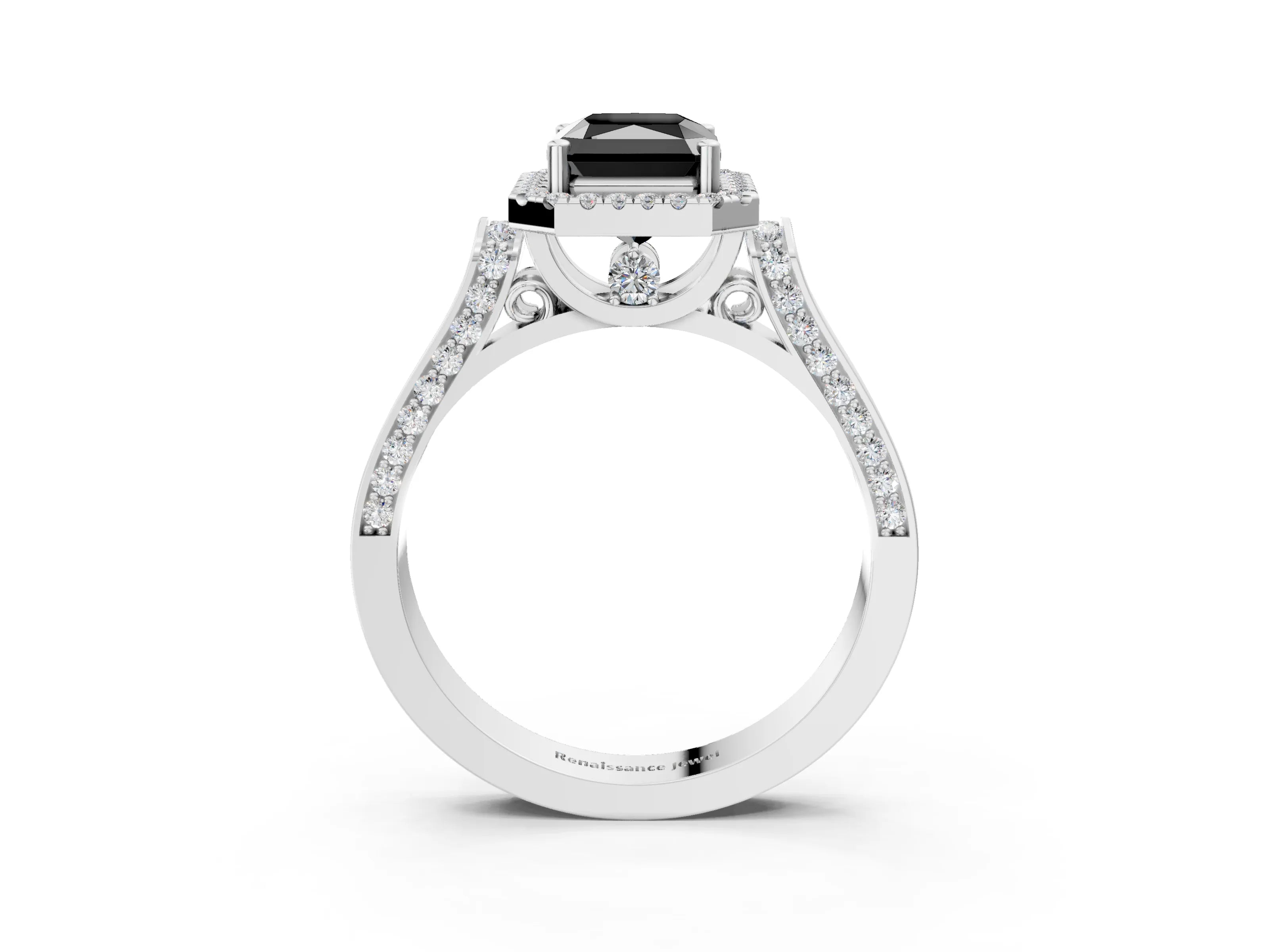 White gold Fancy Black Radiant Cut Halo Round Diamond Twist Band with Four-Prong Setting_3