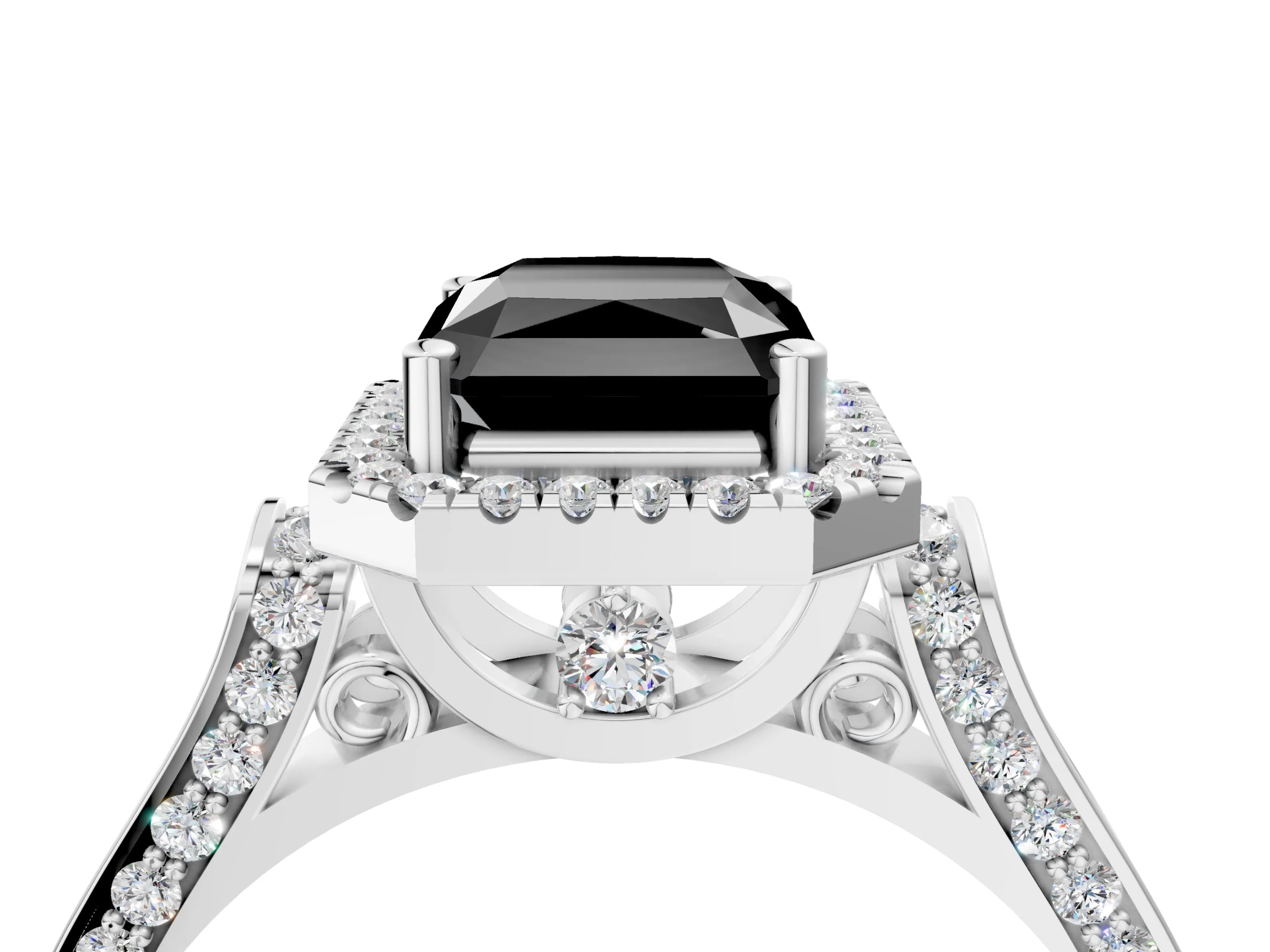 White gold Fancy Black Radiant Cut Halo Round Diamond Twist Band with Four-Prong Setting_4