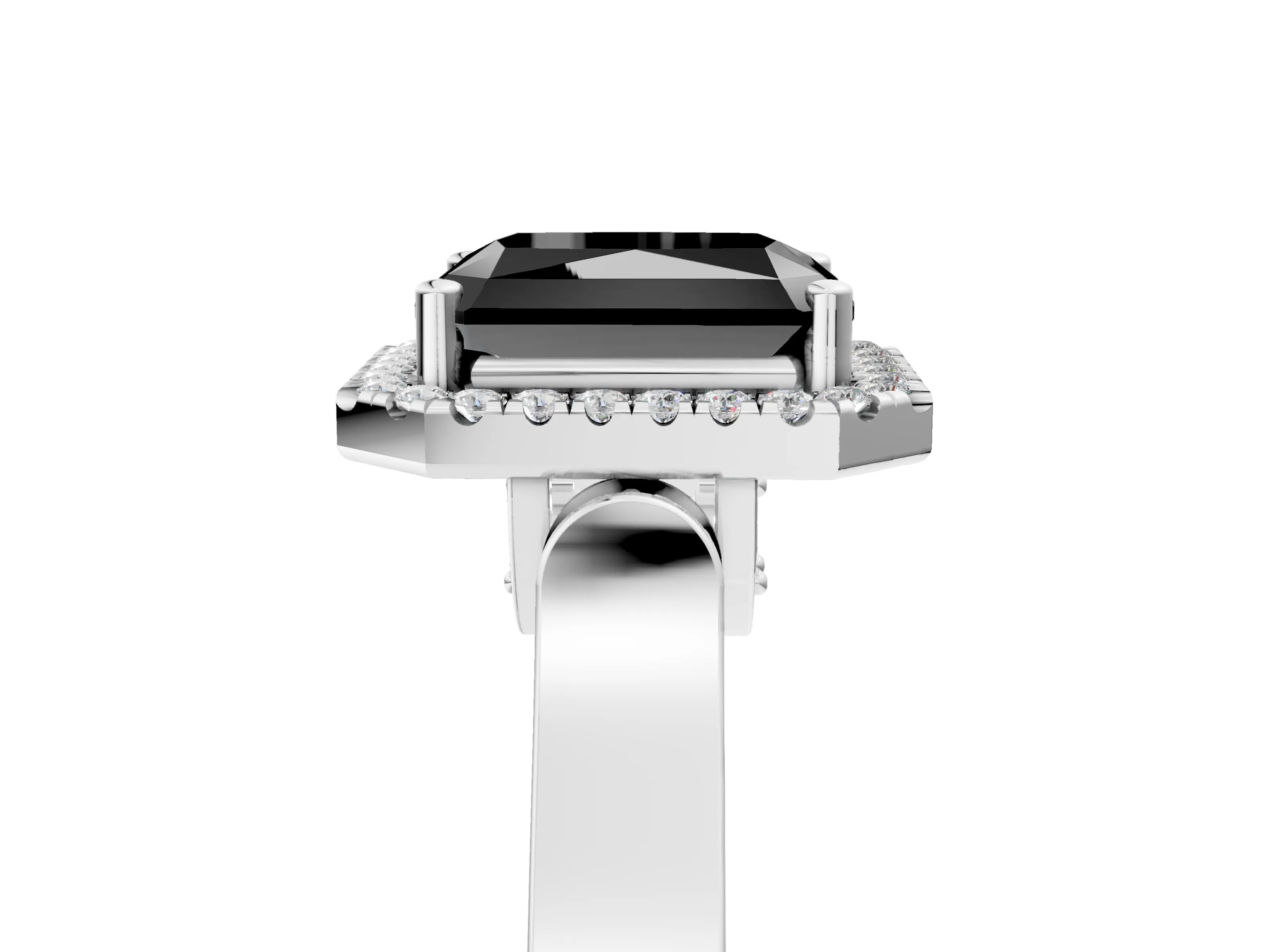 White gold Fancy Black Radiant Cut Halo Round Diamond Twist Band with Four-Prong Setting_5