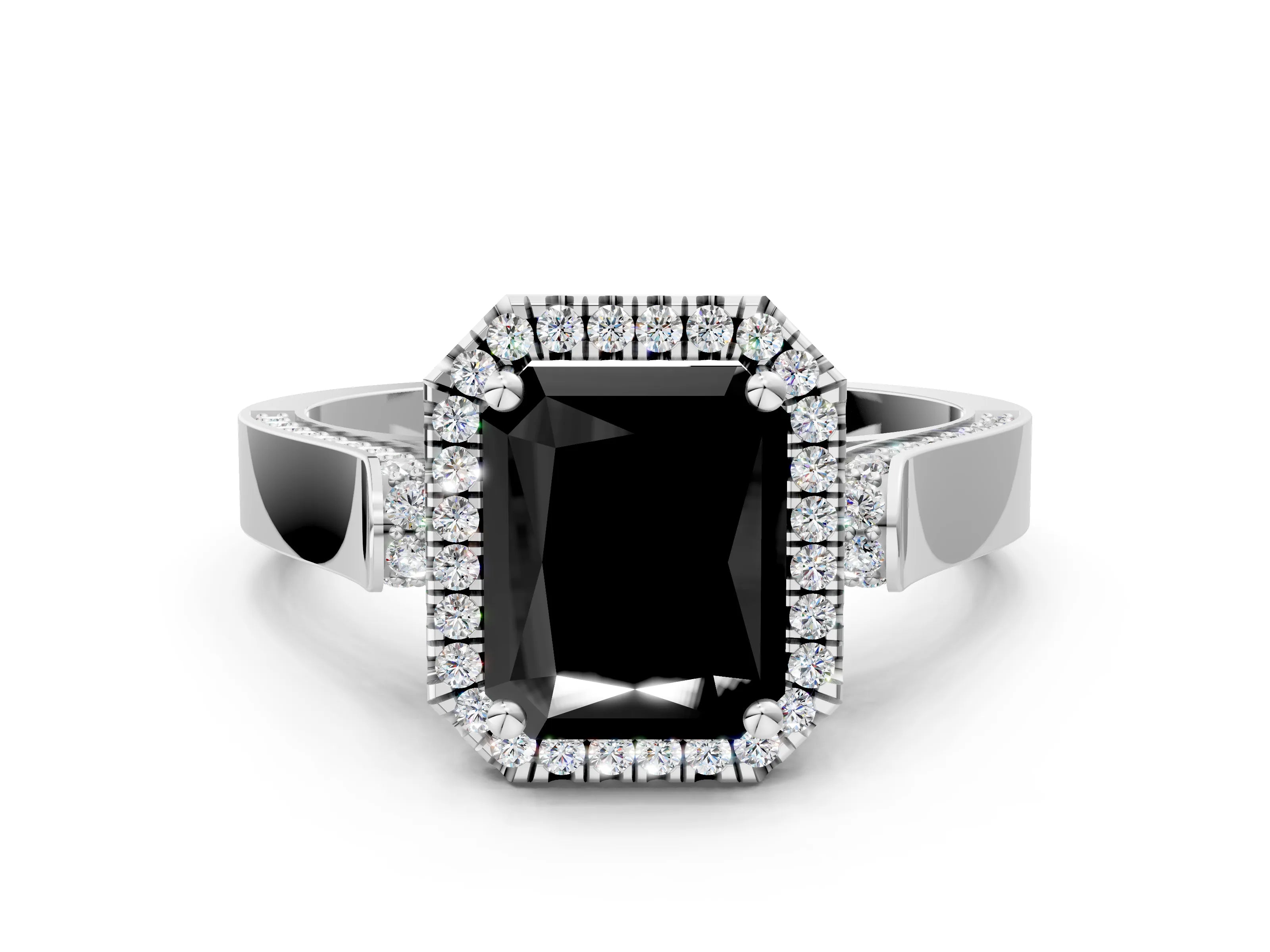 White gold Fancy Black Radiant Cut Halo Round Diamond Twist Band with Four-Prong Setting