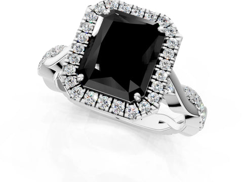 White gold Fancy Black Radiant Cut Halo Twist Band with Four-Prong Setting_1