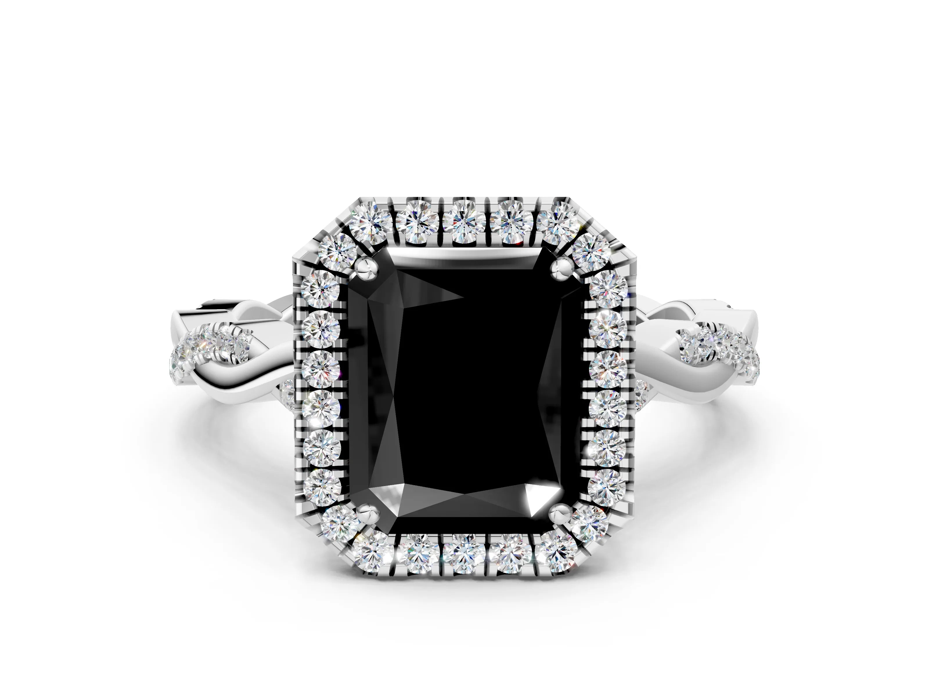 White gold Fancy Black Radiant Cut Halo Twist Band with Four-Prong Setting_72