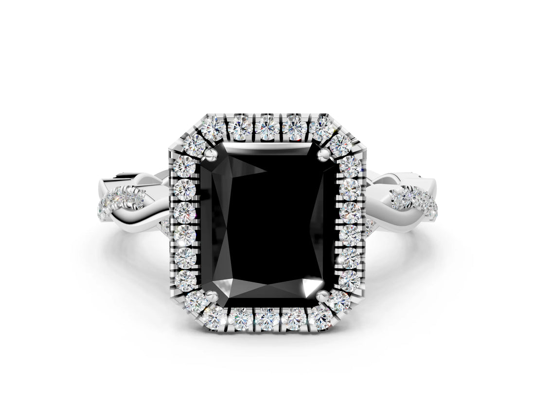 White gold Fancy Black Radiant Cut Halo Twist Band with Four-Prong Setting_72
