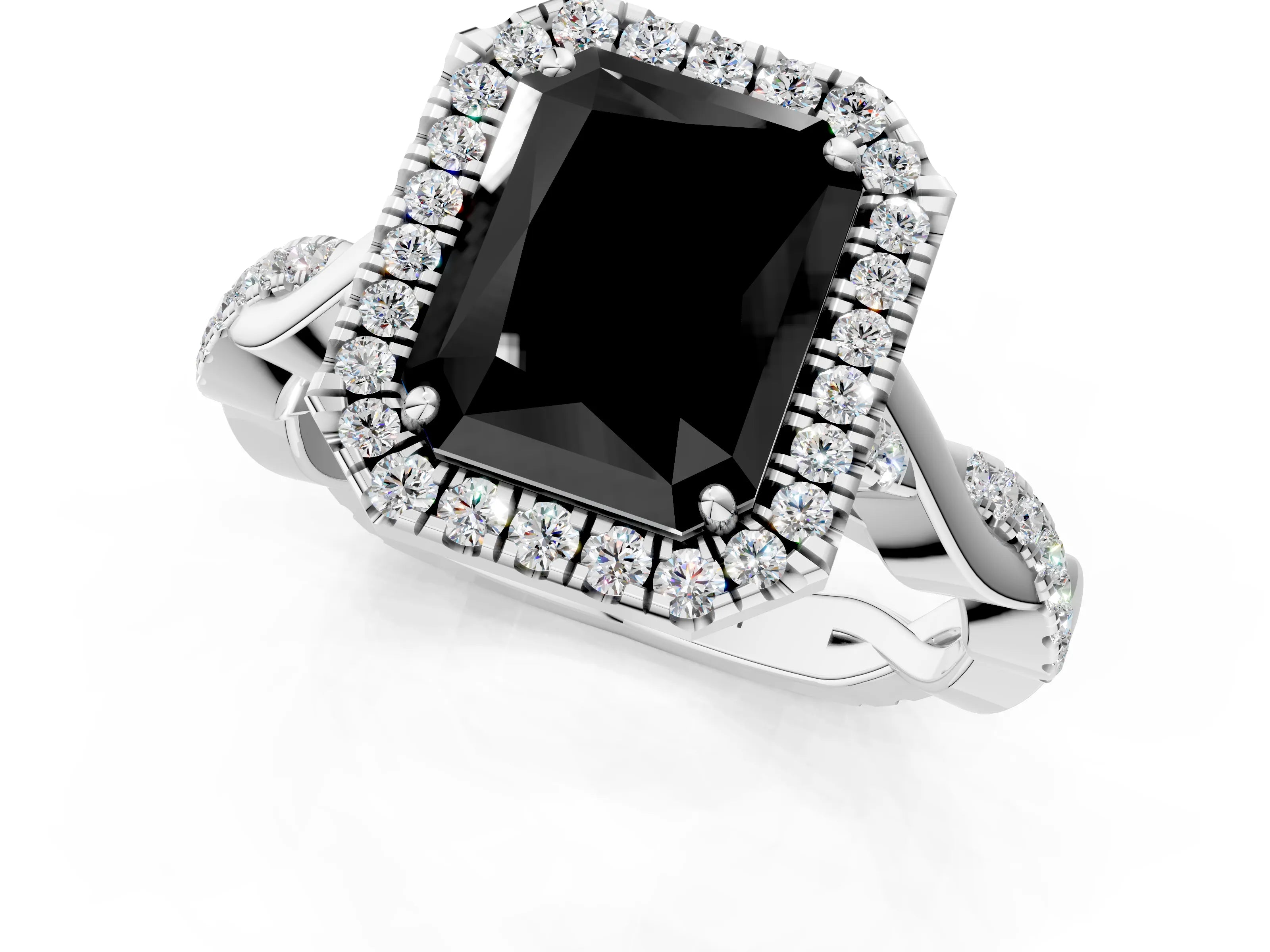 White gold Fancy Black Radiant Cut Halo Twist Band with Four-Prong Setting_73