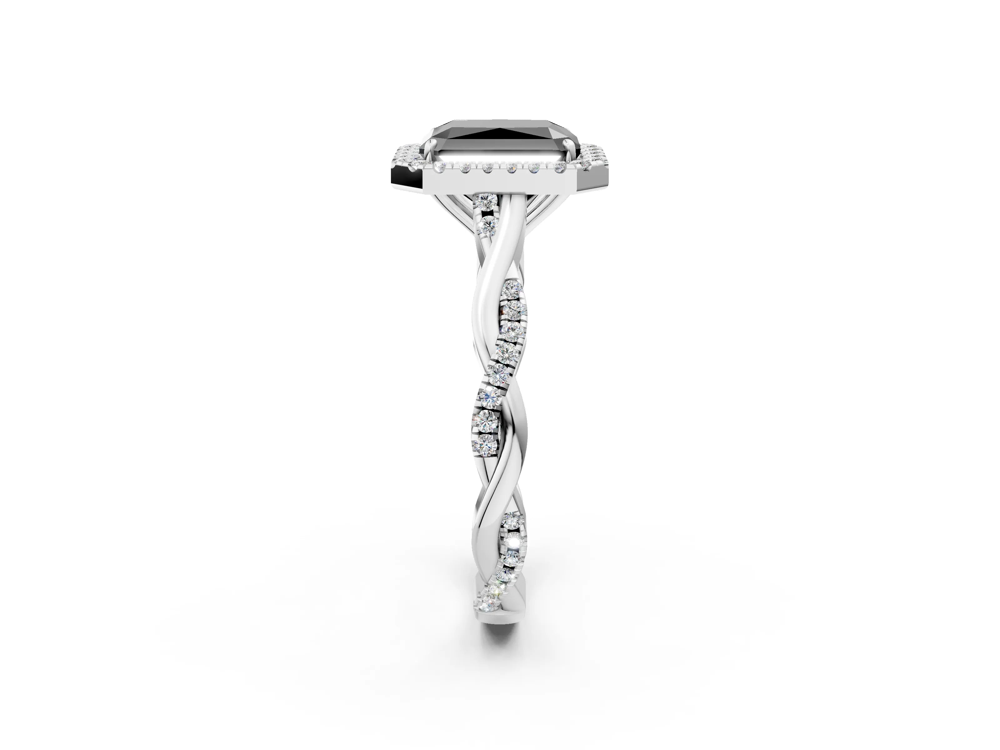 White gold Fancy Black Radiant Cut Halo Twist Band with Four-Prong Setting_74