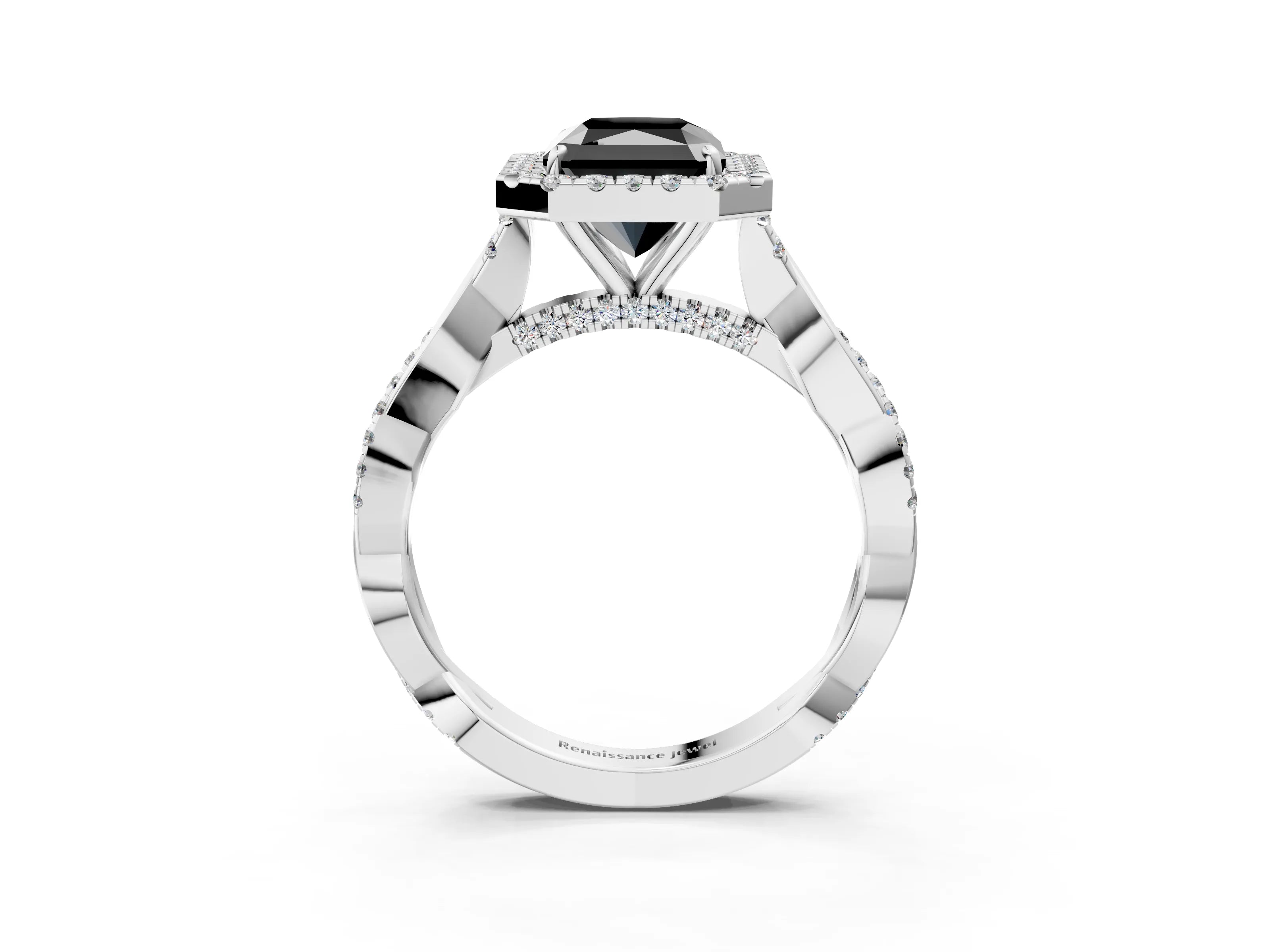 White gold Fancy Black Radiant Cut Halo Twist Band with Four-Prong Setting_75