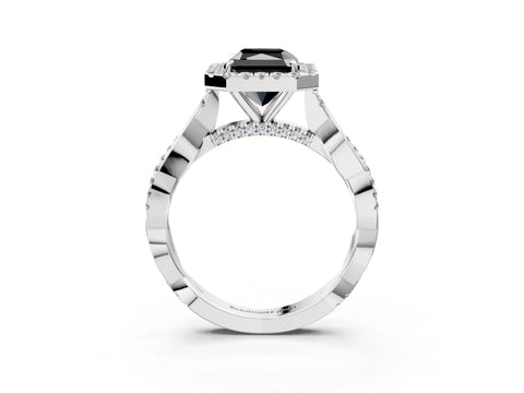 White gold Fancy Black Radiant Cut Halo Twist Band with Four-Prong Setting_75