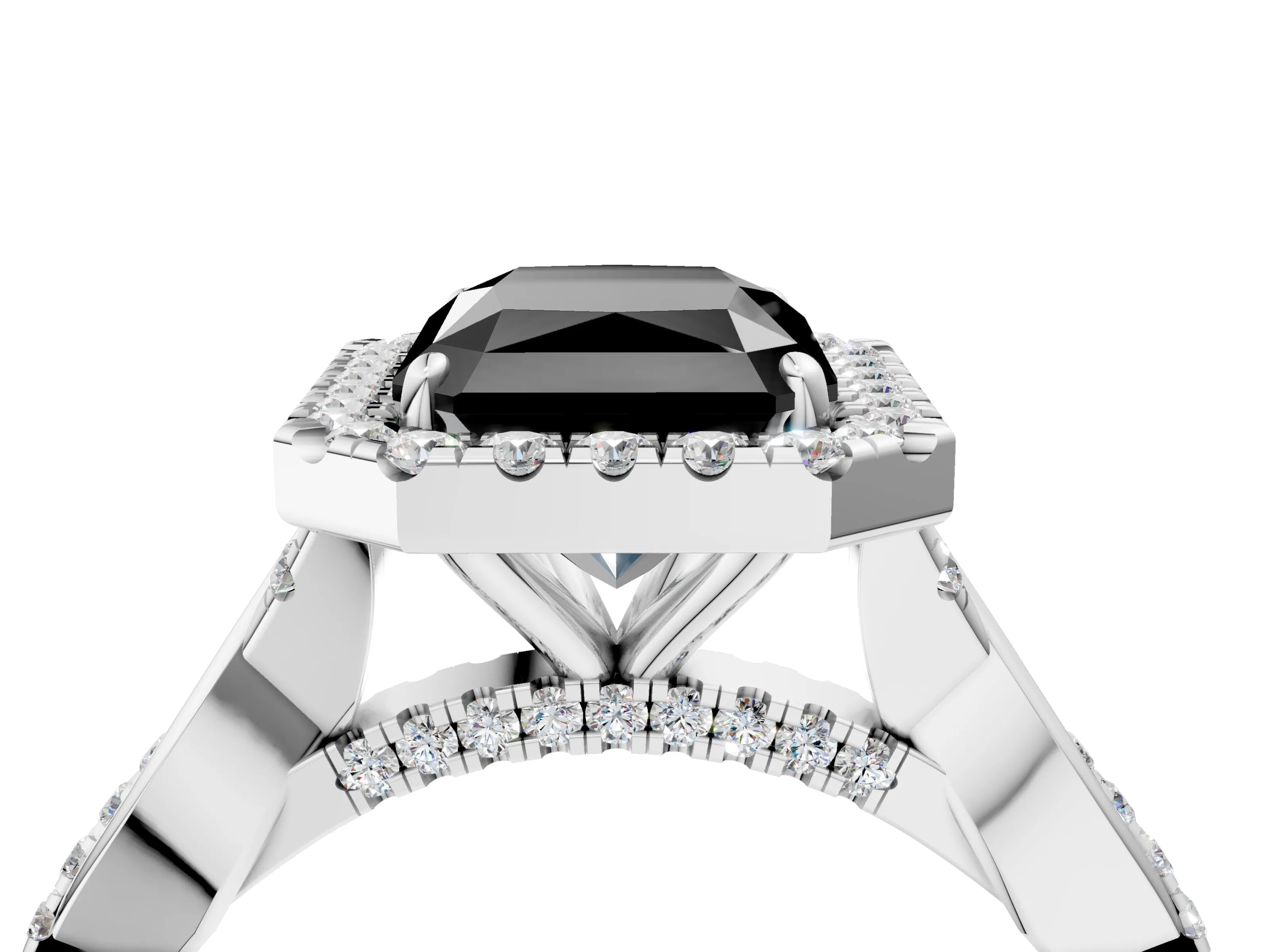 White gold Fancy Black Radiant Cut Halo Twist Band with Four-Prong Setting_76