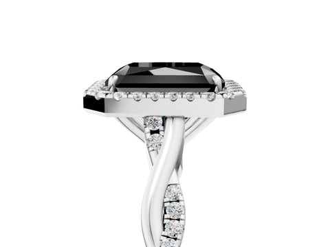 White gold Fancy Black Radiant Cut Halo Twist Band with Four-Prong Setting_77