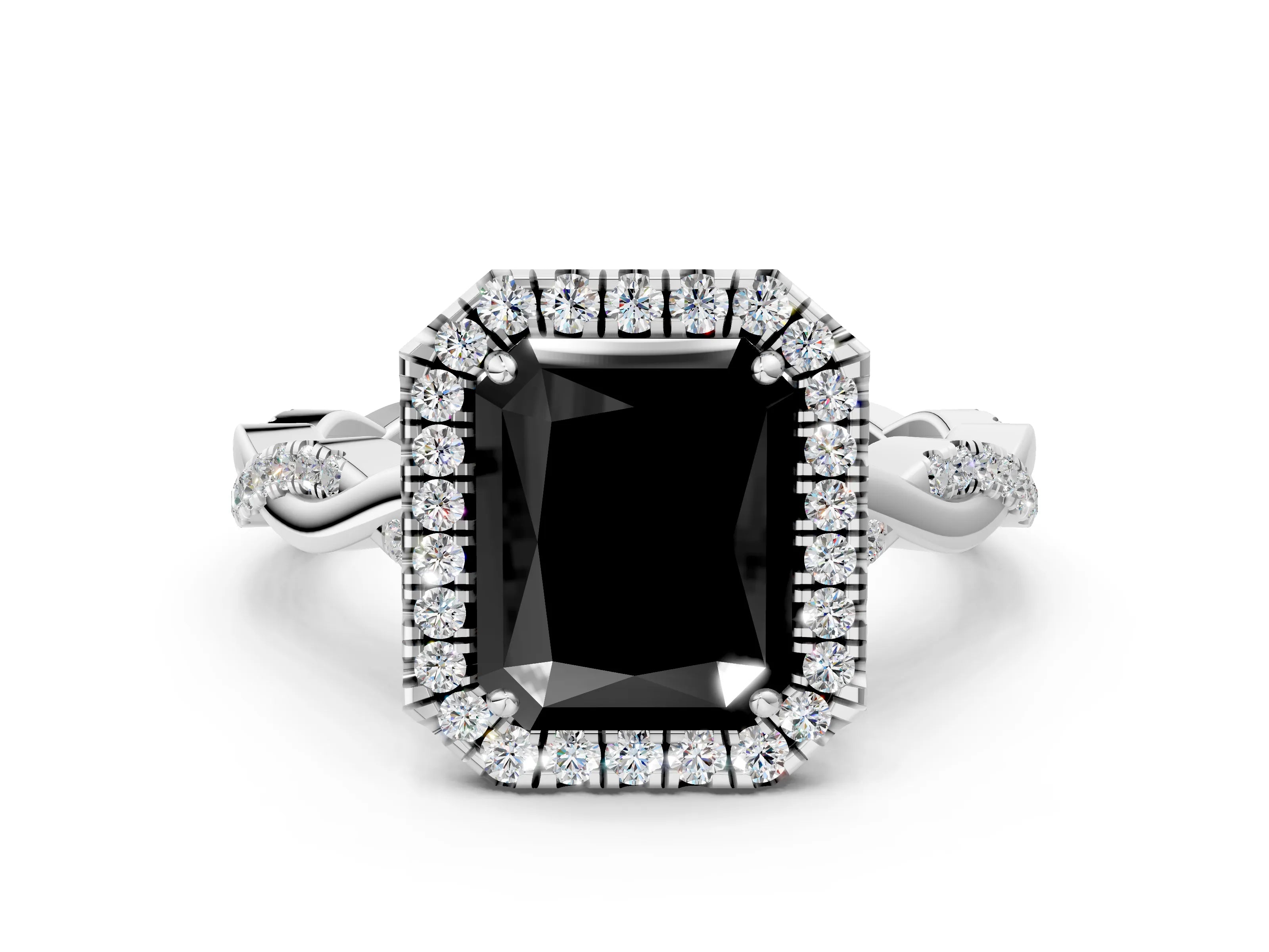 White gold Fancy Black Radiant Cut Halo Twist Band with Four-Prong Setting