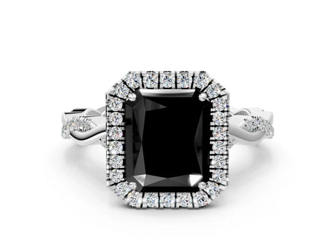 White gold Fancy Black Radiant Cut Halo Twist Band with Four-Prong Setting