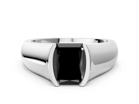 White gold Fancy Black Radiant Cut Solitaire Bezel Set Diamond Ring with Wide Band_12