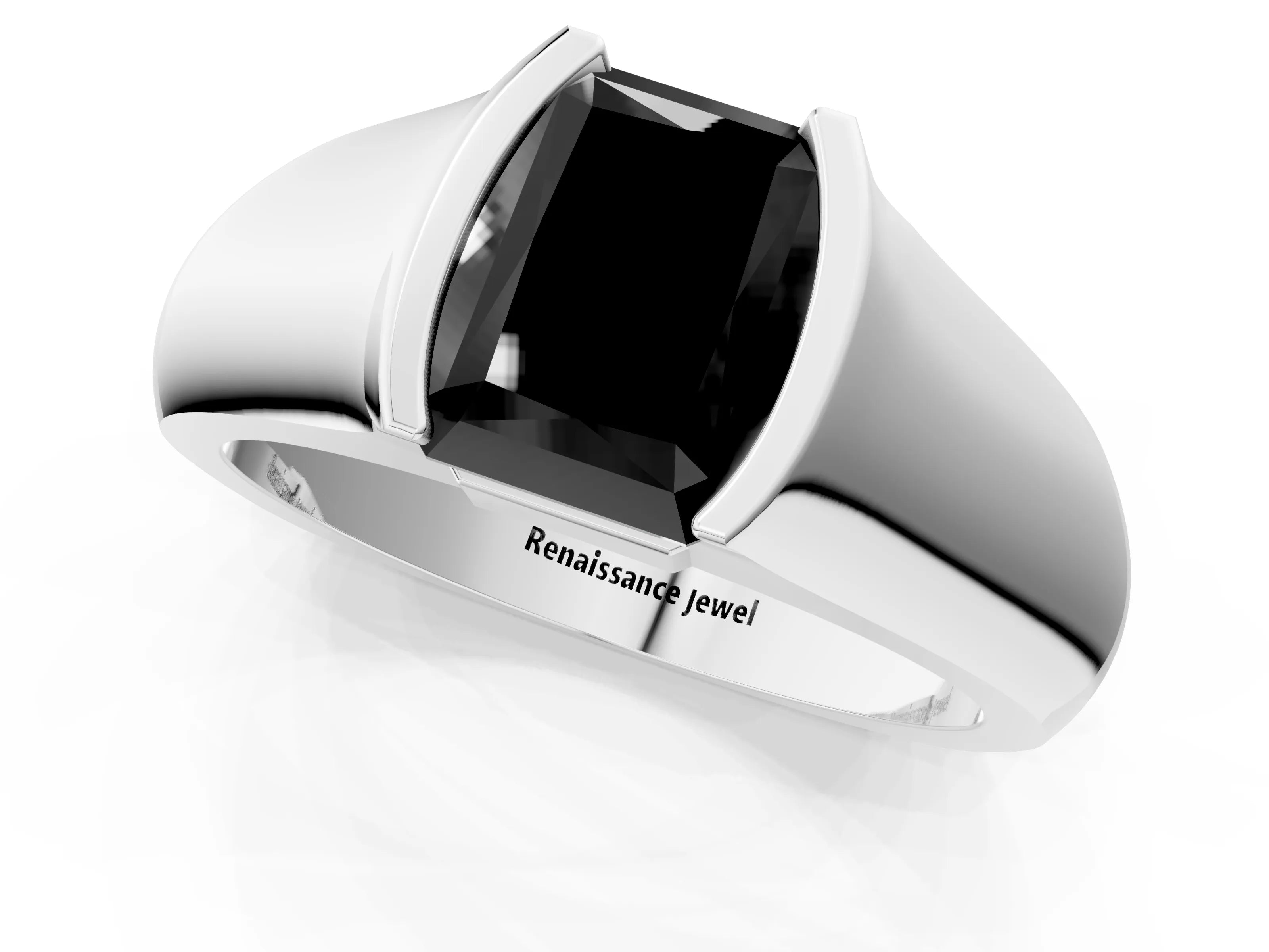 White gold Fancy Black Radiant Cut Solitaire Bezel Set Diamond Ring with Wide Band_13