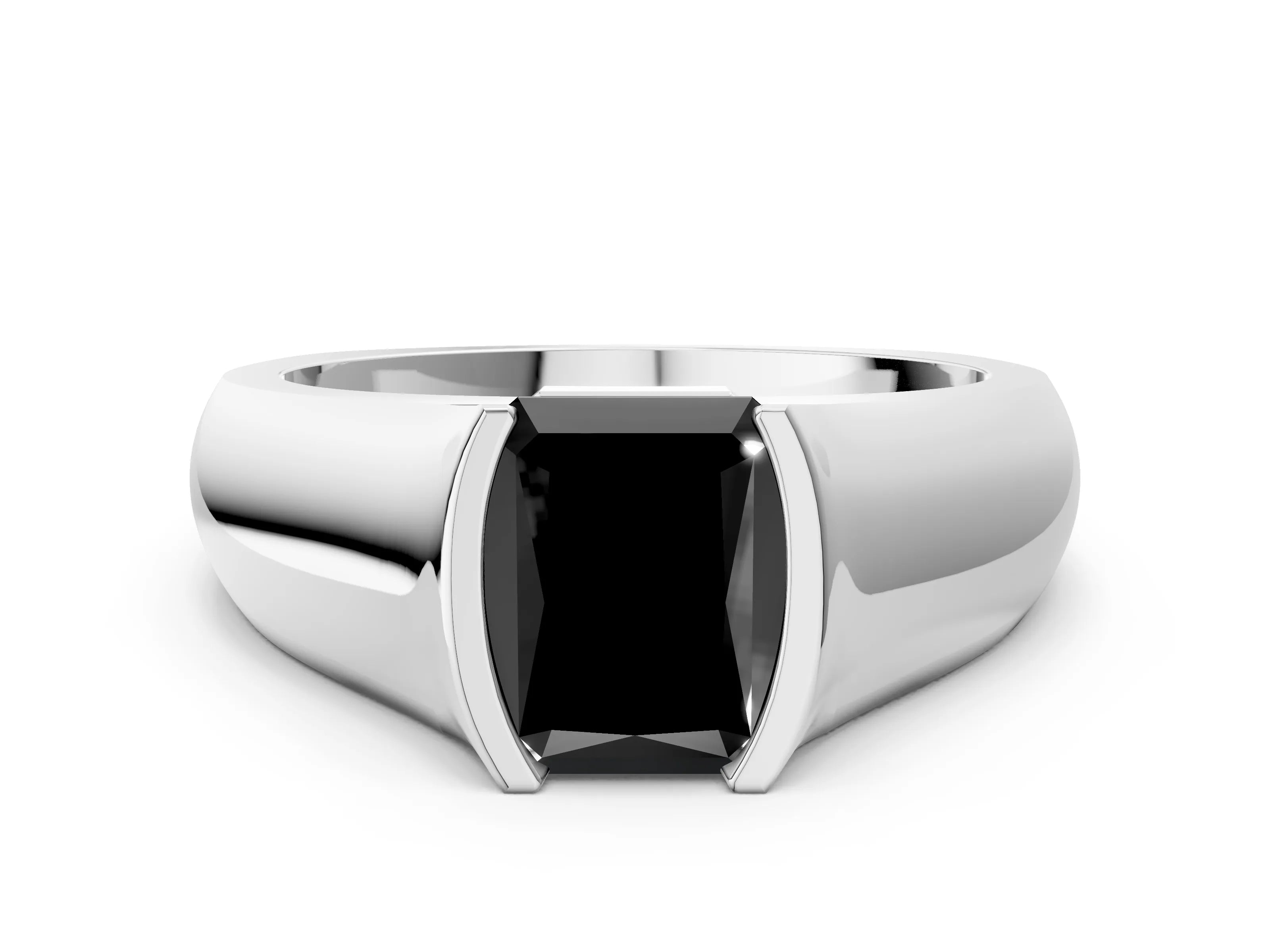 White gold Fancy Black Radiant Cut Solitaire Bezel Set Diamond Ring with Wide Band