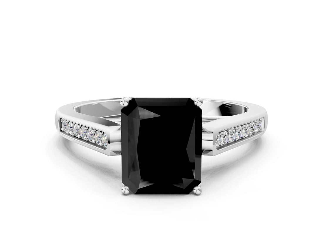 White gold Fancy Black Radiant Cut Solitaire Cathedral Diamond Engagement Ring with Channel-Set Band and Four-Prong Setting_15