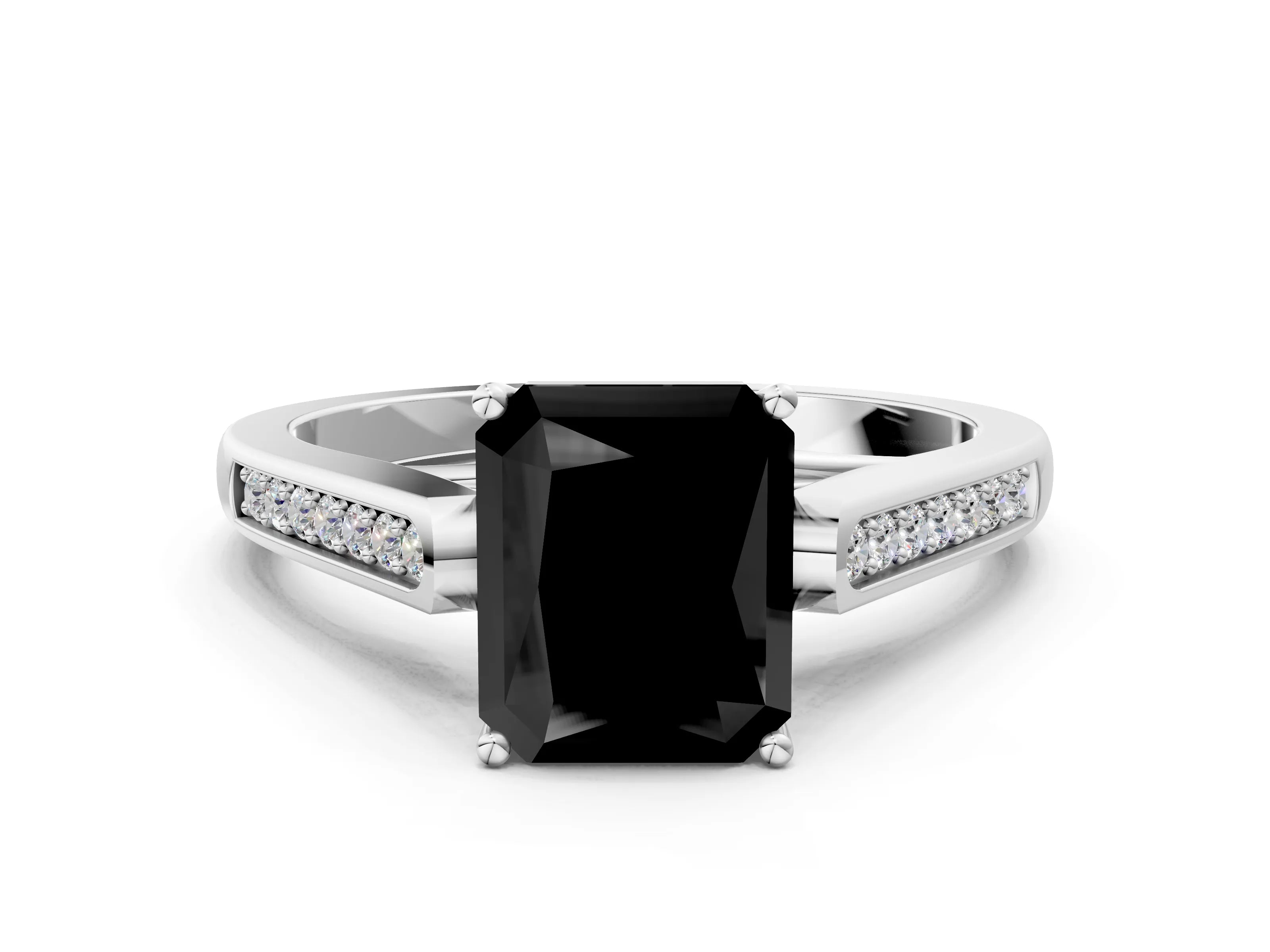White gold Fancy Black Radiant Cut Solitaire Cathedral Diamond Engagement Ring with Channel-Set Band and Four-Prong Setting_15