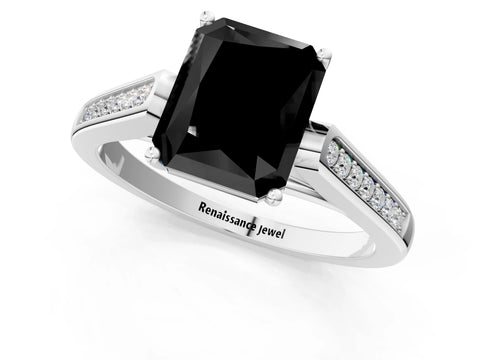 White gold Fancy Black Radiant Cut Solitaire Cathedral Diamond Engagement Ring with Channel-Set Band and Four-Prong Setting_16