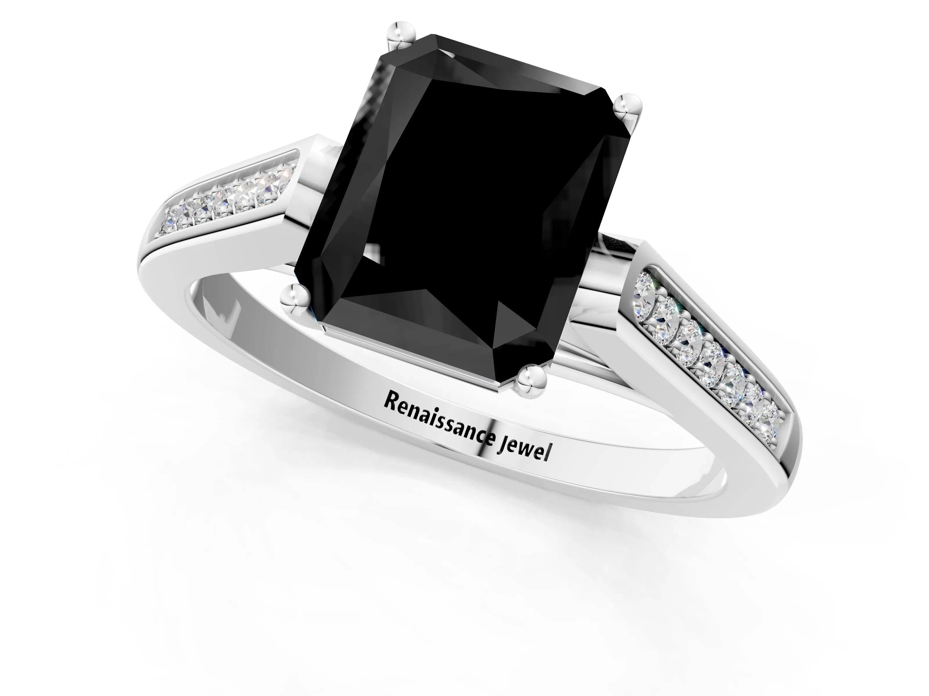White gold Fancy Black Radiant Cut Solitaire Cathedral Diamond Engagement Ring with Channel-Set Band and Four-Prong Setting_16
