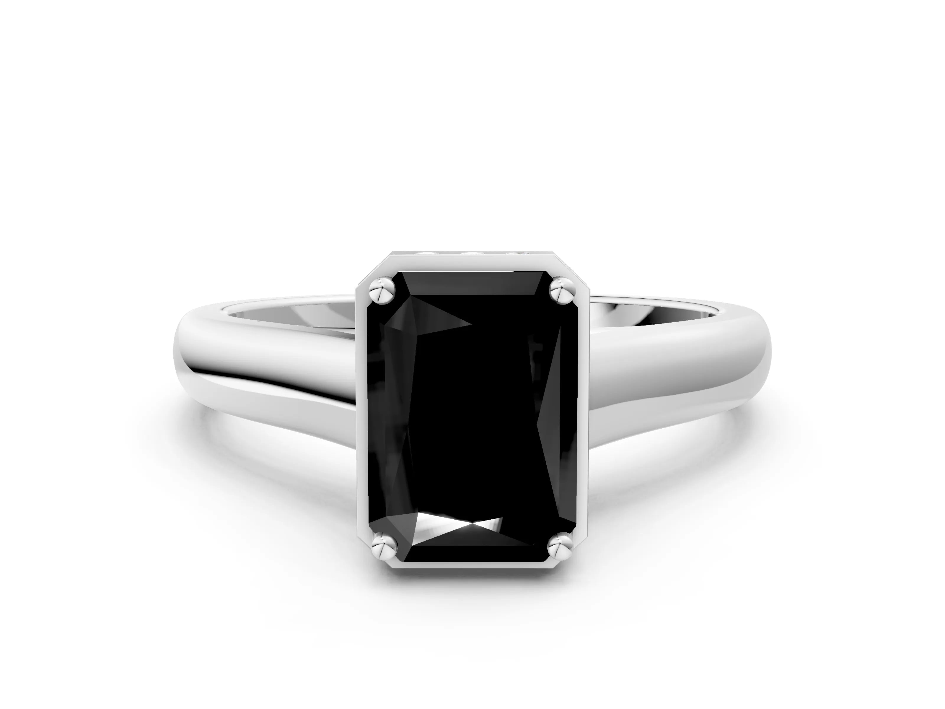 White gold Fancy Black Radiant Cut Solitaire Diamond Engagement Ring with Four-Prong Setting and Tapered Band