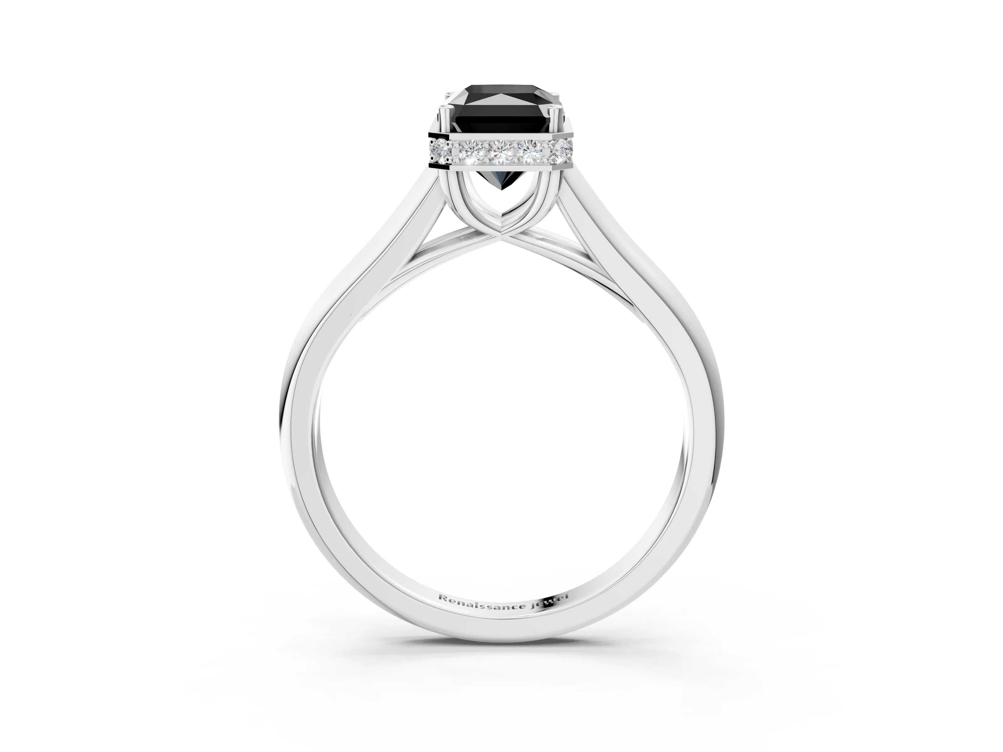 White gold Fancy Black Radiant Cut Solitaire Diamond Engagement Ring with Four-Prong Setting and Tapered Band_15
