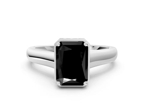 White gold Fancy Black Radiant Cut Solitaire Diamond Engagement Ring with Four-Prong Setting and Tapered Band