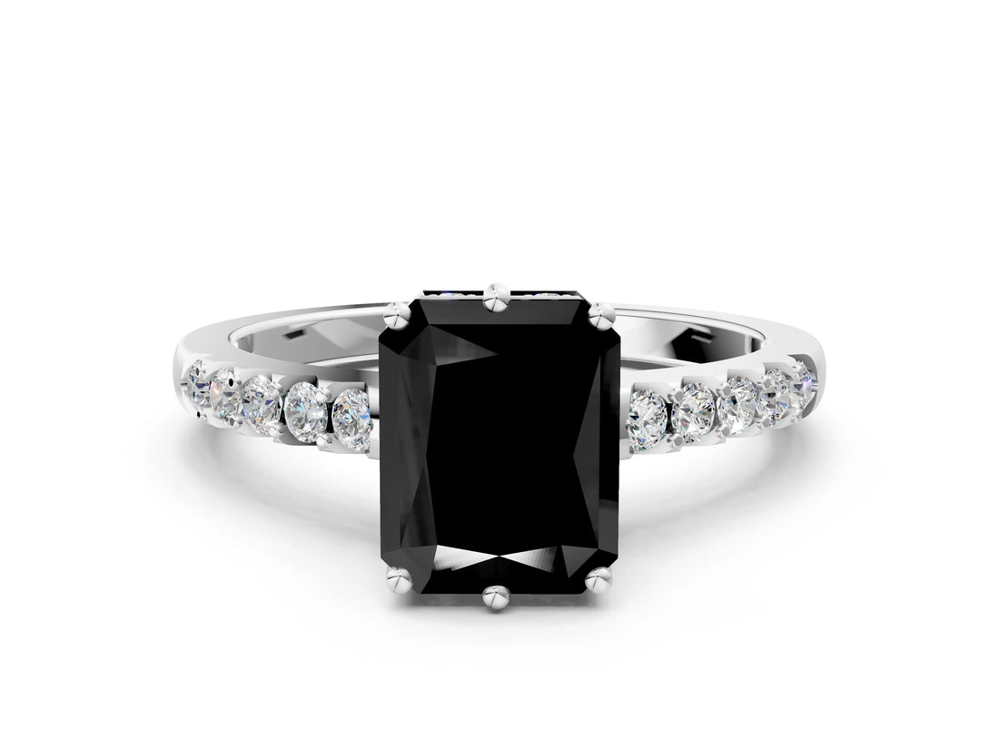White gold Fancy Black Radiant Cut Solitaire Diamond Engagement Ring with Pavé Band and Six-Prong Setting_24