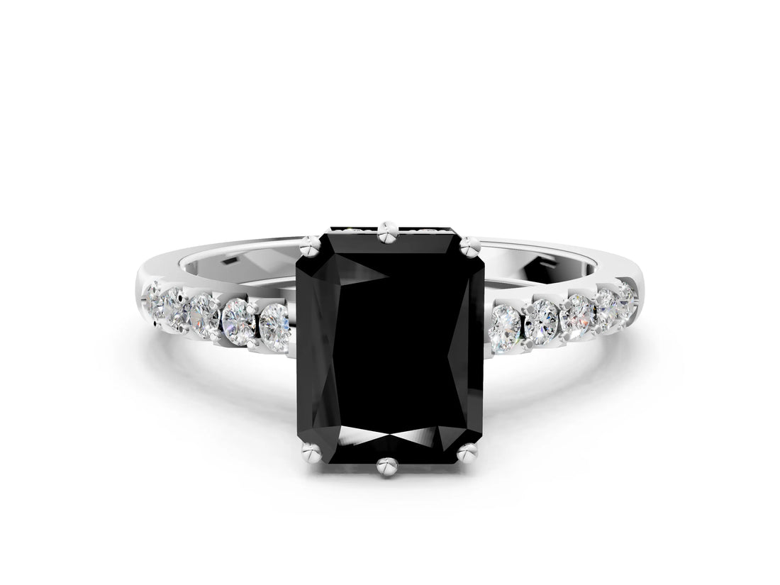 White gold Fancy Black Radiant Cut Solitaire Diamond Engagement Ring with Pavé Band and Six-Prong Setting_24