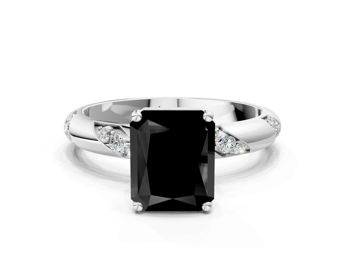 White gold Fancy Black Radiant Cut Solitaire Diamond Engagement Ring with Twisted Pave Band and Four-Prong Setting_19