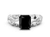 White gold Fancy Black Radiant Cut Solitaire Diamond Leaf-Inspired Vine Band Ring with Prong Setting