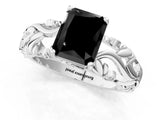 White gold Fancy Black Radiant Cut Solitaire Diamond Leaf-Inspired Vine Band Ring with Prong Setting_1