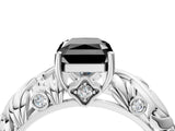 White gold Fancy Black Radiant Cut Solitaire Diamond Leaf-Inspired Vine Band Ring with Prong Setting_4
