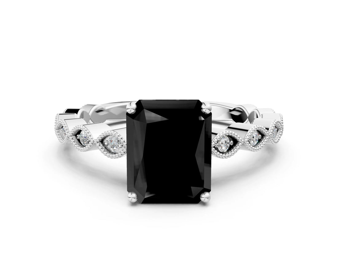 White gold Fancy Black Radiant Cut Solitaire Diamond Ring with Infinity Twist Band and Four-Prong Setting_12