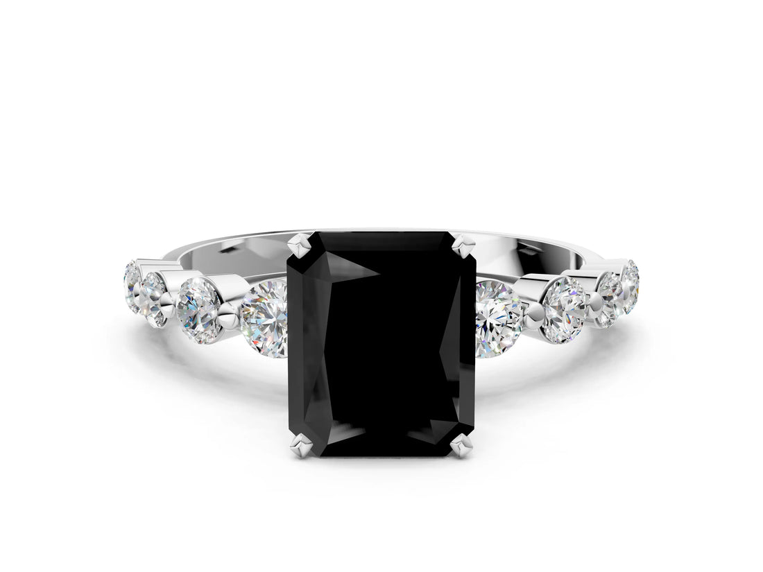White gold Fancy Black Radiant Cut Solitaire Diamond Ring with Pave Band and Four-Prong Setting