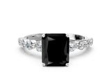 White gold Fancy Black Radiant Cut Solitaire Diamond Ring with Pave Band and Four-Prong Setting