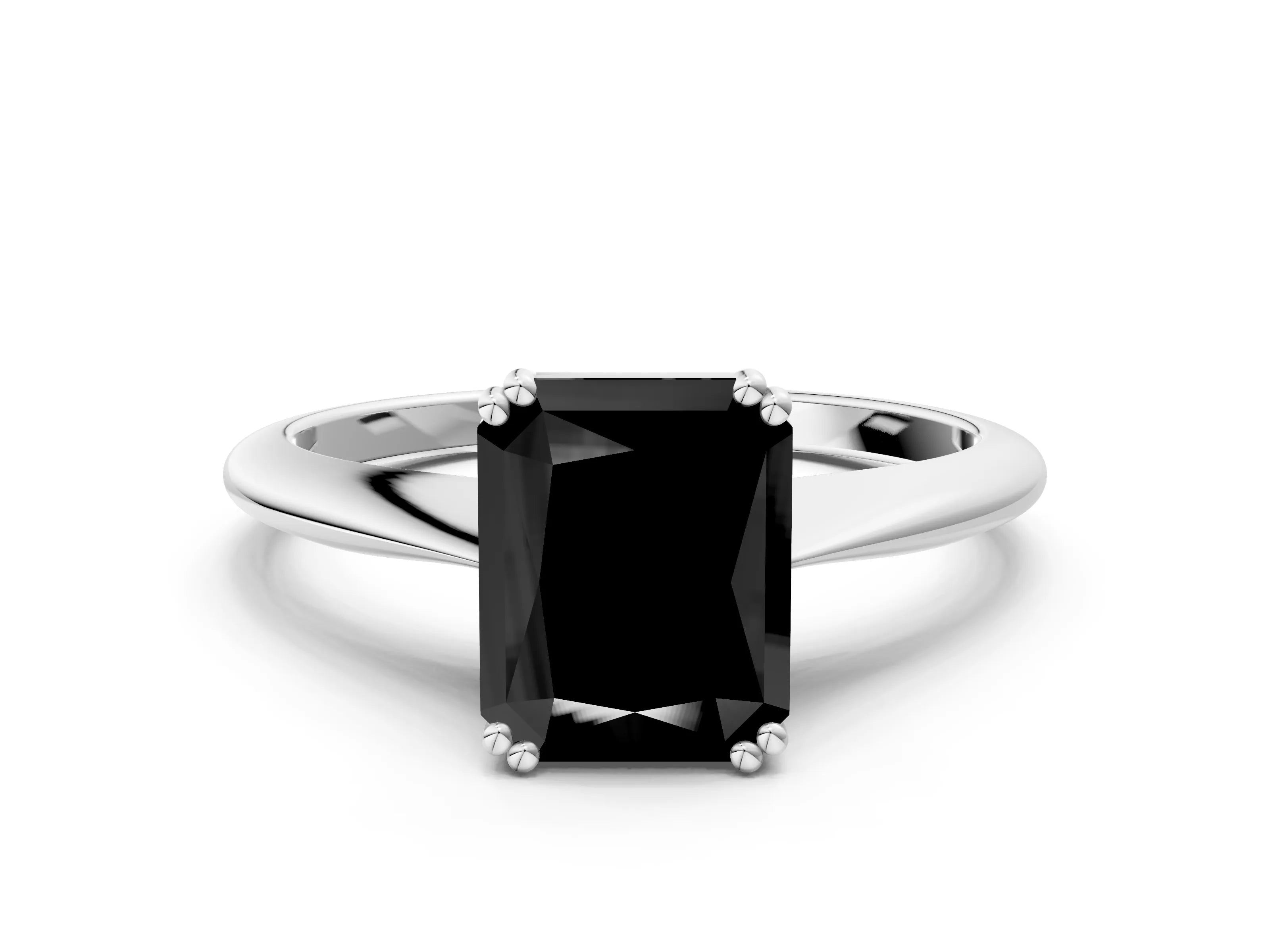White gold Fancy Black Radiant Cut Solitaire Diamond Ring with Six-Prong Setting and Classic Band