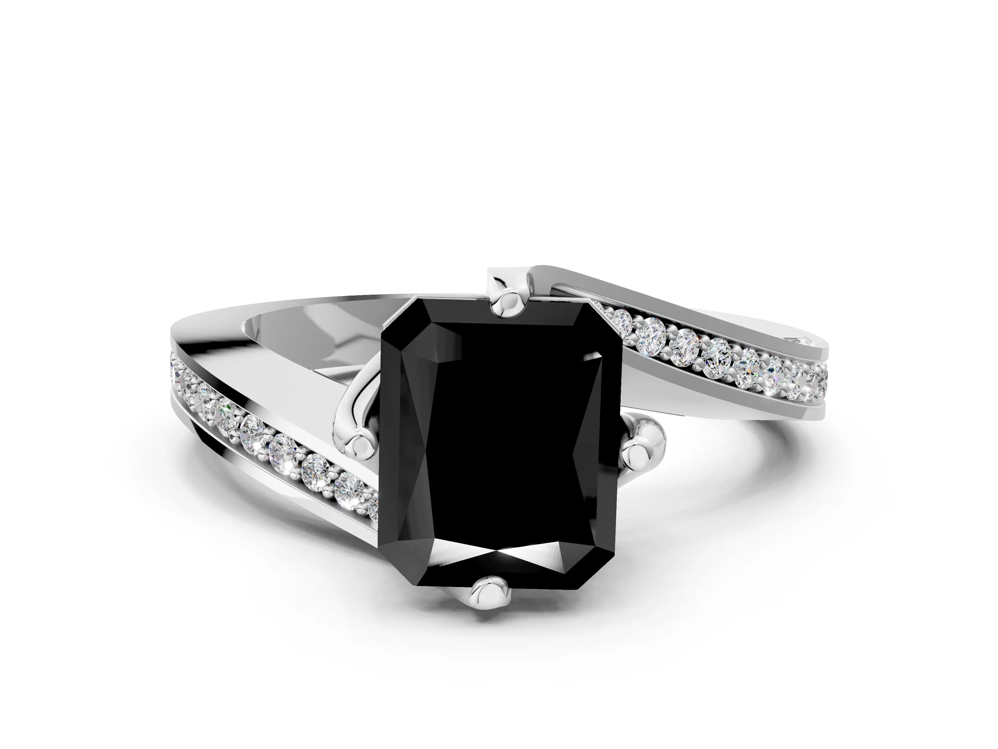 White gold Fancy Black Radiant Cut Solitaire Diamond Twist Band with Pavé Setting and Four-Prong Setting_12