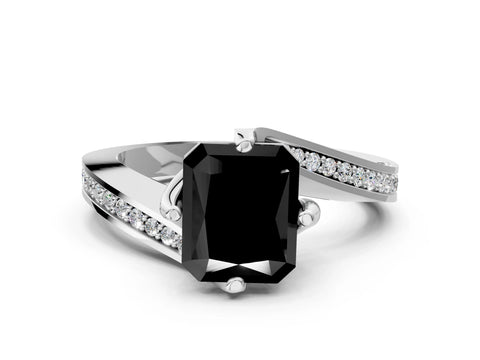 White gold Fancy Black Radiant Cut Solitaire Diamond Twist Band with Pavé Setting and Four-Prong Setting_12