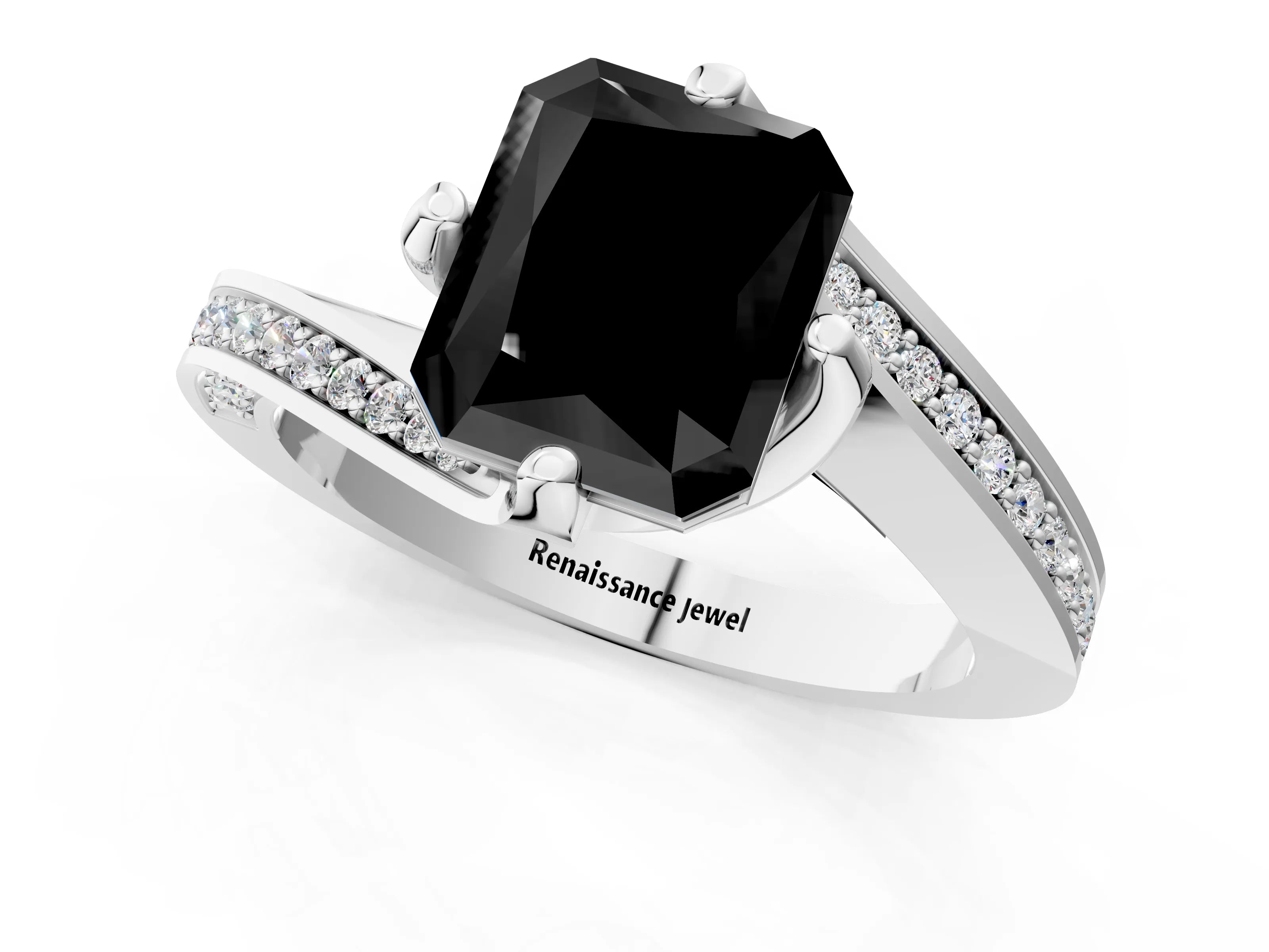 White gold Fancy Black Radiant Cut Solitaire Diamond Twist Band with Pavé Setting and Four-Prong Setting_13