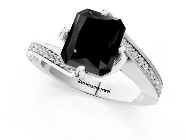 White Gold Radiant Cut Swirl Bypass Pave Engagement Ring Setting for Black Center