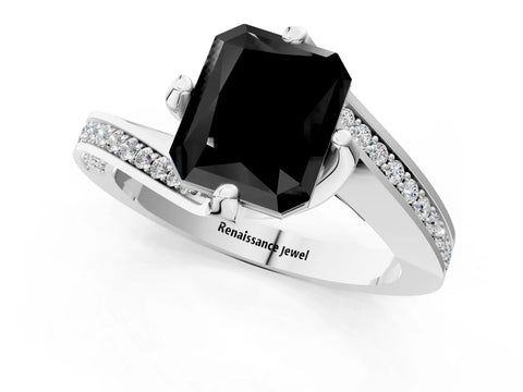White gold Fancy Black Radiant Cut Solitaire Diamond Twist Band with Pavé Setting and Four-Prong Setting_13