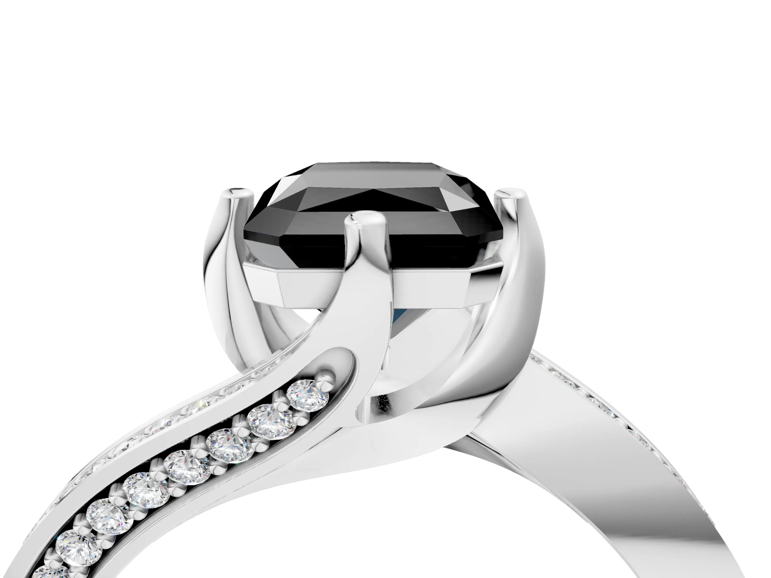 White gold Fancy Black Radiant Cut Solitaire Diamond Twist Band with Pavé Setting and Four-Prong Setting_16