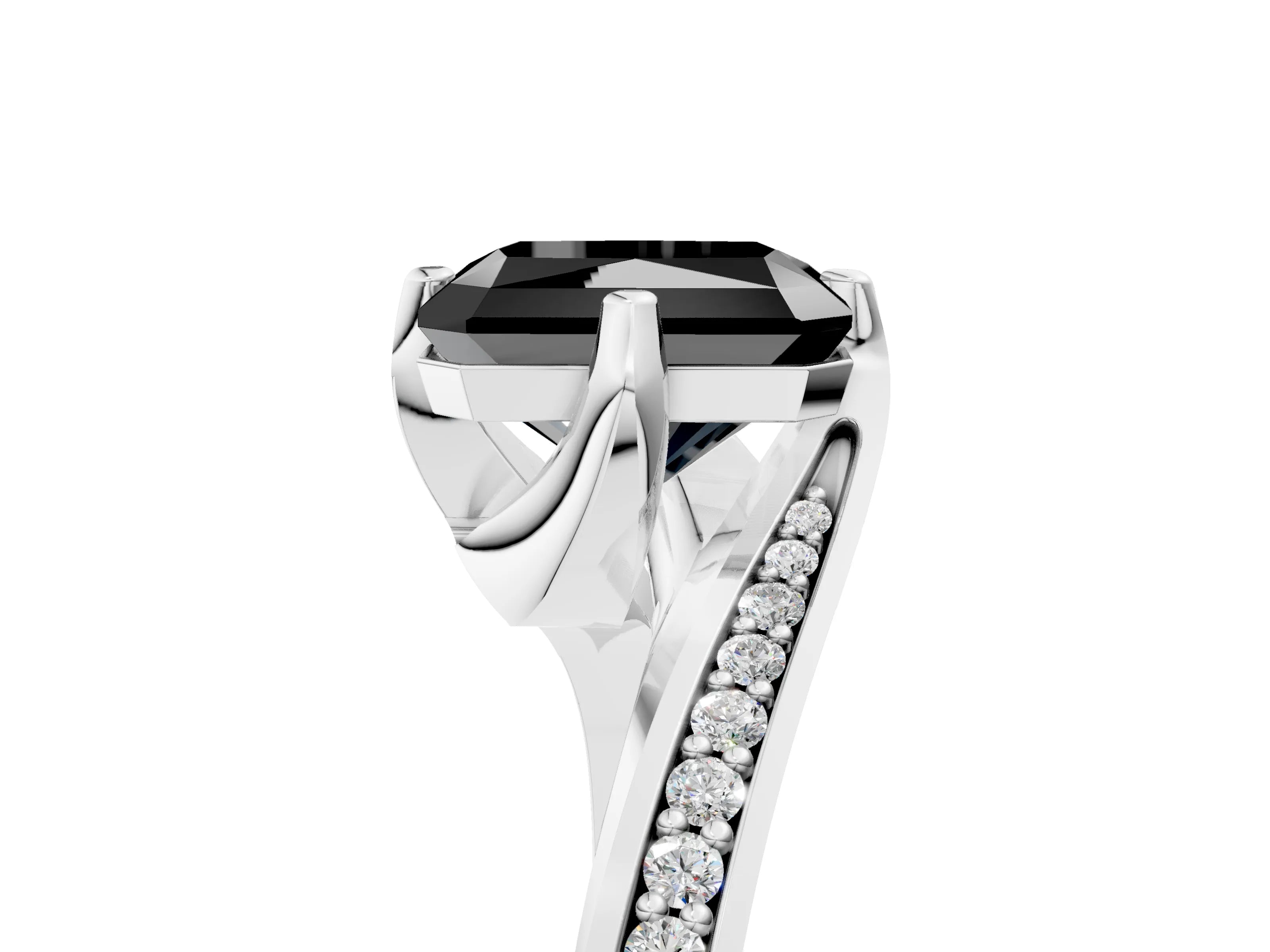 White gold Fancy Black Radiant Cut Solitaire Diamond Twist Band with Pavé Setting and Four-Prong Setting_5