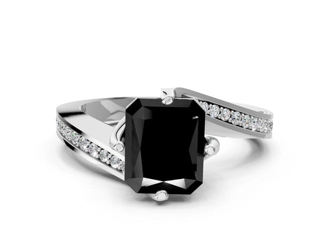 White gold Fancy Black Radiant Cut Solitaire Diamond Twist Band with Pavé Setting and Four-Prong Setting