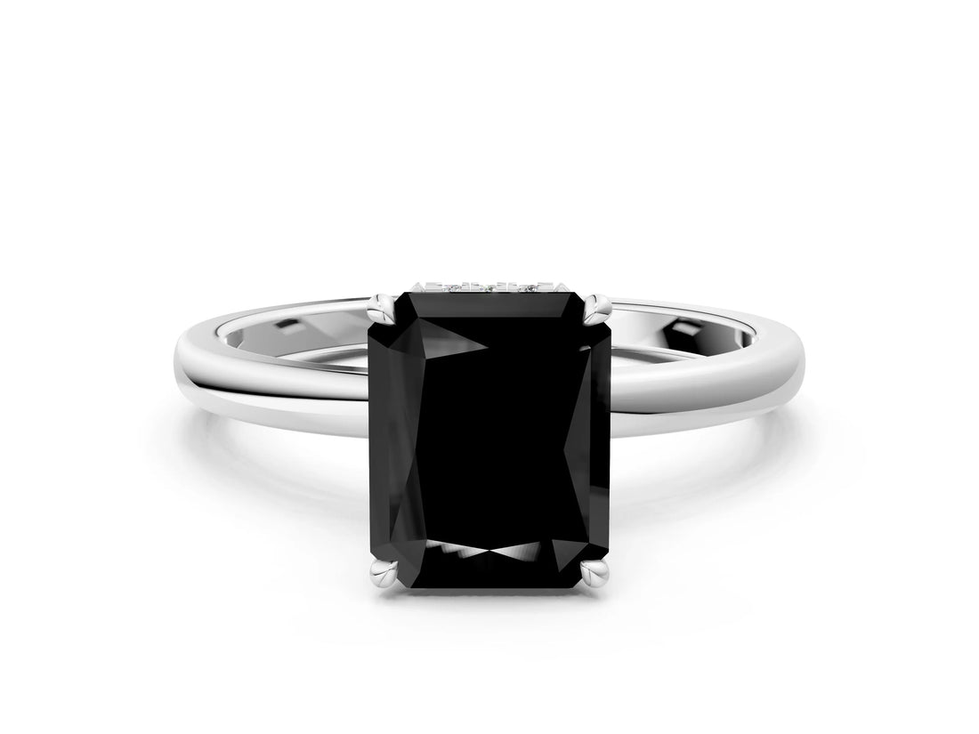 White gold Fancy Black Radiant Cut Solitaire Engagement Ring with Cathedral Band and Four-Prong Setting