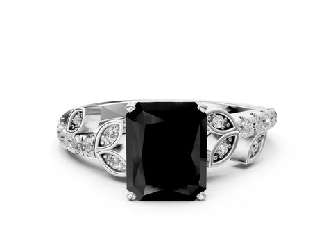 White gold Fancy Black Radiant Cut Solitaire Leaf-Inspired Diamond Ring with Pavé Band and Four-Prong Setting_12