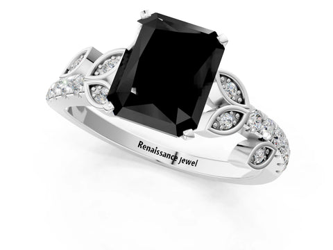White gold Fancy Black Radiant Cut Solitaire Leaf-Inspired Diamond Ring with Pavé Band and Four-Prong Setting_13
